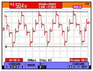 Figure 7: The six-step (or square) oscilloscope waveform shown here is typical of motors exhibiting maximum peak-to-peak shaft voltages, but no discharges through the bearings. Courtesy: Electro Static Technology Figure 7: The six-step (or square) oscilloscope waveform shown here is typical of motors exhibiting maximum peak-to-peak shaft voltages, but no discharges through the bearings. Courtesy: Electro Static Technology