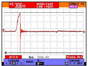 Figure 8: The above waveform shows the rapid voltage discharge through the motor’s bearings that occurs when shaft voltages reach a level where they overcome the dielectric properties of bearing grease. Courtesy: Electro Static Technology Figure 8: The above waveform shows the rapid voltage discharge through the motor’s bearings that occurs when shaft voltages reach a level where they overcome the dielectric properties of bearing grease. Courtesy: Electro Static Technology