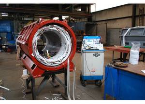 A re-wound formed coil 4000 volt stator sits in preparation for a surge test. Courtesy: EASA